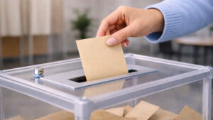 Main déposant un bulletin de vote dans une urne, illustrant l’inscription électorale et la procuration